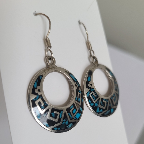 Vintage Sterling Silver Boho Western Mexico Turquoise Inlay Round Drop Earrings - Picture 6 of 12